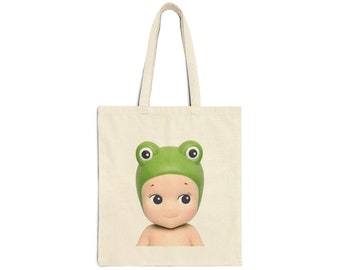 Green frog angel baby doll cute Cotton Canvas Tote Bag