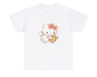 Angel Kitty Bow-teddybeer kawaii uniseks zwaar katoenen T-shirt