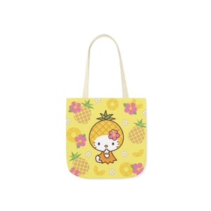 Super cute Trendy Y2k Nostalgic Hawaii Pineapple Kitty hibiscus Canvas Tote Bag, 5-Color Straps