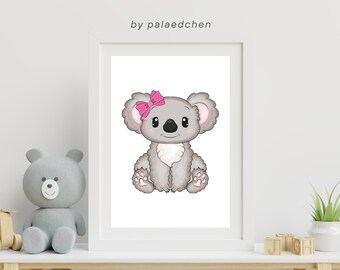 Digital Print Art "süßer Koala mit rosa Schleife" - Instant Download, druckbares Poster Wandbild für Baby Kinderzimmer in A4