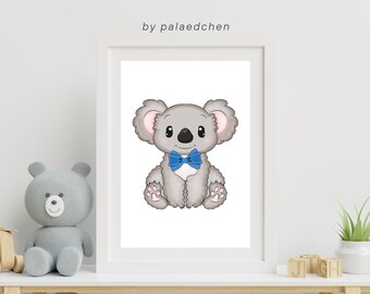 Digital Print Art "süßer Koala mit blauer Schleife" Instant Download, druckbares Poster Wandbild für Baby Kinderzimmer in A4