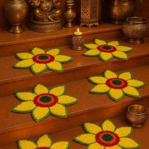set di 4 tappetini Rangoli pieghevoli e riutilizzabili per decorazioni Diwali, tappetini per Pooja/tappetini per scale/decorazioni Navratri/decorazioni per la stanza del Pooja