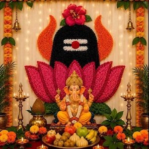 May include: A golden Ganesha statue sits before a large floral backdrop featuring a black Shiva lingam design with orange horns and pink lotus petals. The display includes brass oil lamps, marigold garlands, and a platter of assorted fruits.