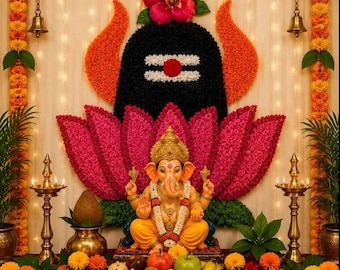May include: A golden Ganesha statue sits before a large floral backdrop featuring a black Shiva lingam design with orange horns and pink lotus petals. The display includes brass oil lamps, marigold garlands, and a platter of assorted fruits.