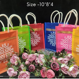 Jute bags with contrast Print for Return gifts /Thamboolam bags/ Wedding gifts/lunchbox/Multicolor 10*8*4inches.