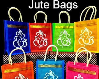May include: Set of seven colorful jute bags with white printed images of the Hindu deity Ganesha. The bags have gold trim and rope handles.