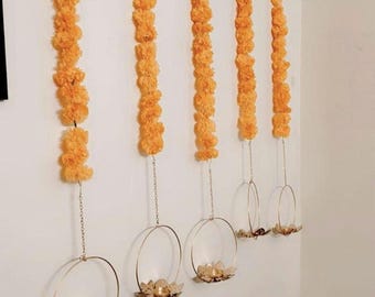 Marigold& Diya hanging , Temple Pooja Decoration, Hanging Diya Tealight, Diwali Festive Backdrop, Indian Wedding Decor
