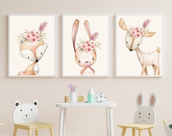 Forest animals pictures children's room set of 3 | girl | Nursery Boho Decor |Wall Art Baby Room| DIN A4 – fox, rabbit, deer
