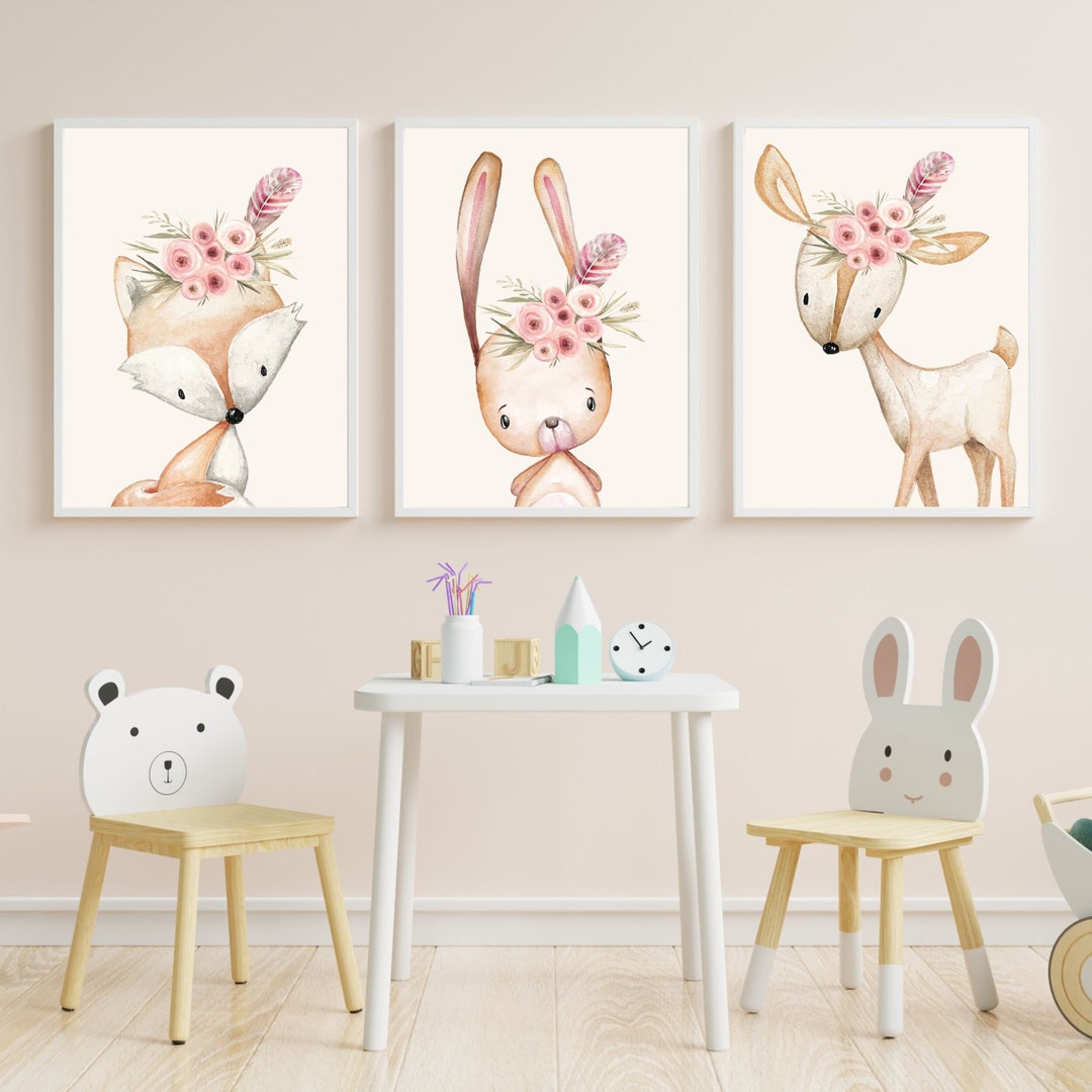 3er Set Tier-Poster Fürs Kinderzimmer – Leinwand-Drucke Igel, Hase, Elefant – 30x40 Cm, Geruchlos & Farbecht
