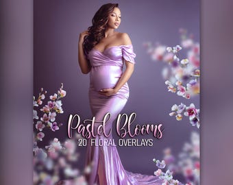 May include: A digital graphic featuring the text Pastel Blooms 20 FLORAL OVERLAYS centred over a person wearing a floor-length, off-the-shoulder, metallic lavender gown. The composition is framed by soft-focus, pink and white floral elements.