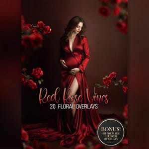 May include: A digital collection of 20 floral overlays titled Red Rose Vines, featuring deep red roses on green stems. The image displays a person in a long red satin dress, surrounded by these red rose elements and a bonus badge for 10 clusters.