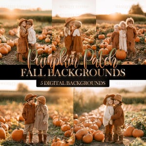 May include: A collection of five digital photography backgrounds featuring children in a pumpkin patch. The images display various scenes of children wearing autumn clothing, including hats and sweaters, surrounded by orange pumpkins.