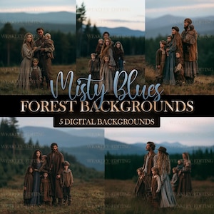 Può includere: Una collezione di cinque sfondi digitali con famiglie in abiti rustici in un paesaggio forestale nebbioso al crepuscolo. Il testo Misty Blues FOREST BACKGROUNDS 5 DIGITAL BACKGROUNDS è sovrapposto al centro dell'immagine.