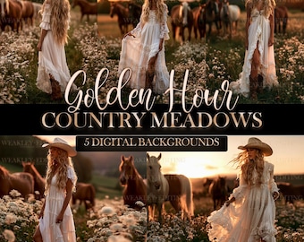 May include: A collection of five digital backgrounds featuring a person in a white dress and cowboy hat standing in a meadow with horses at sunset. The text reads Golden Hour COUNTRY MEADOWS 5 DIGITAL BACKGROUNDS in a black and white layout.