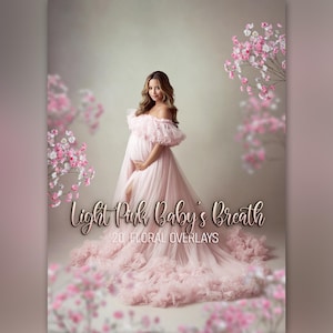 Puede incluir: Un vestido de maternidad rosa claro con un escote con volantes y una abertura alta. El vestido se combina con una cola larga y fluida. La imagen incluye el texto "Light Pink Baby's Breath" y "20 Floral Overlays".