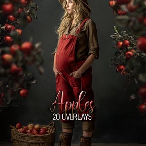 May include: A digital image overlay set featuring red apples, with text that reads Apples 20 OVERLAYS. The image displays a person wearing a brown hat, a brown shirt, red overalls, and brown boots, standing near a woven basket filled with red apples.