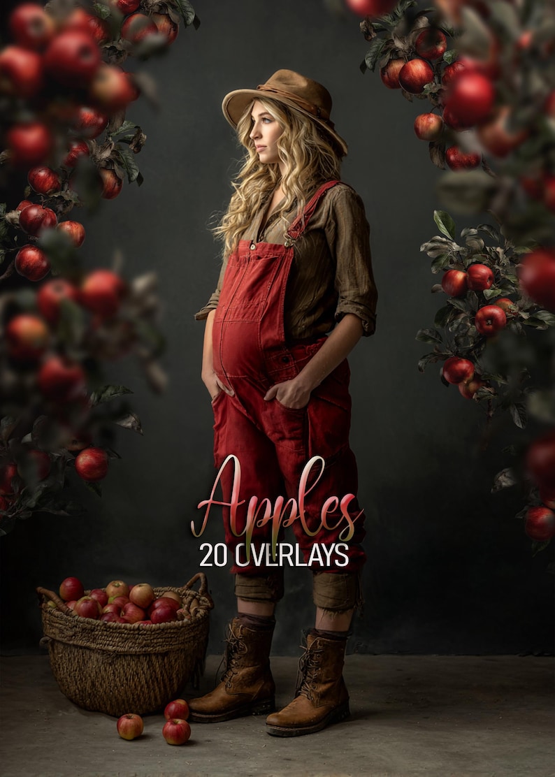 May include: A digital image overlay set featuring red apples, with text that reads Apples 20 OVERLAYS. The image displays a person wearing a brown hat, a brown shirt, red overalls, and brown boots, standing near a woven basket filled with red apples.