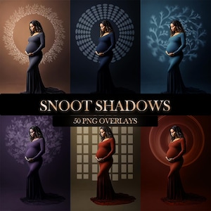Puede incluir: Seis imágenes que muestran a una persona embarazada con un vestido de manga larga, cada una con un fondo diferente y una superposición de luz decorativa. Se muestra el texto "SNOOT SHADOWS" y "50 PNG OVERLAYS".
