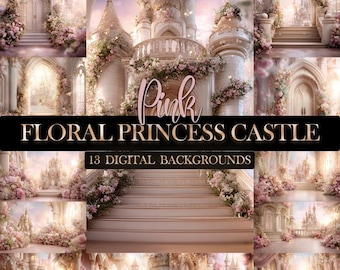 Floral Digital Background, Princess, Floral, Castle, Pastels, Pink, Beige