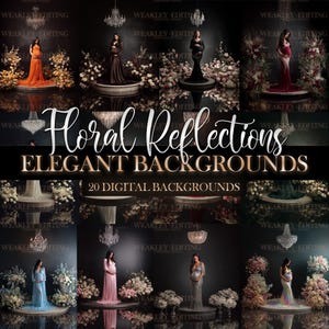 May include: A collection of 20 digital backgrounds titled Floral Reflections Elegant Backgrounds, featuring various scenes of individuals in long gowns standing on reflective platforms surrounded by floral arrangements and crystal chandeliers.