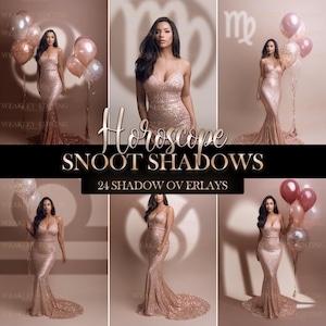 May include: A digital collection of 24 horoscope snoot shadow overlays featuring a person in a floor-length sequined rose gold gown. The images display various zodiac symbols projected as shadows on a neutral background with rose gold balloons.