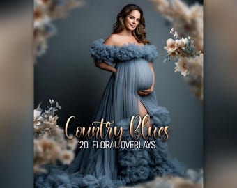 May include: A dusty blue maternity gown with an off-the-shoulder ruffled neckline and a high leg slit, featuring a long flowing skirt. The text Country Blues 20 FLORAL OVERLAYS is centred in the foreground, surrounded by blurred floral elements.