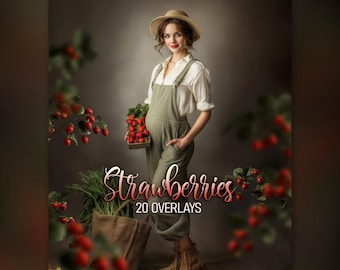 May include: A digital photography asset collection titled Strawberries 20 OVERLAYS featuring a person wearing a white shirt, olive green overalls, and a tan hat, holding a wooden crate of red strawberries next to a tote bag filled with greenery.