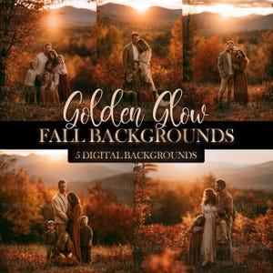 Puede incluir: Una colección de cinco fondos digitales con familias en un paisaje otoñal al atardecer. El texto Golden Glow FALL BACKGROUNDS 5 DIGITAL BACKGROUNDS se superpone a las imágenes, que muestran árboles con follaje naranja y montañas de fondo.