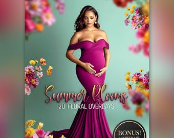 May include: A digital graphic featuring a person in a magenta off-the-shoulder gown against a light green background with colourful floral accents. Text reads Summer Blooms 20 FLORAL OVERLAYS and a circular badge states BONUS! +10 PREMADE CLUSTER OVERLAYS.