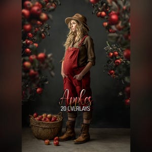 May include: A digital graphic featuring a person wearing a brown hat, a tan shirt, and red overalls with brown lace-up boots. A woven basket filled with red apples sits nearby. The text reads Apples 20 OVERLAYS. Red apple branches frame the scene.