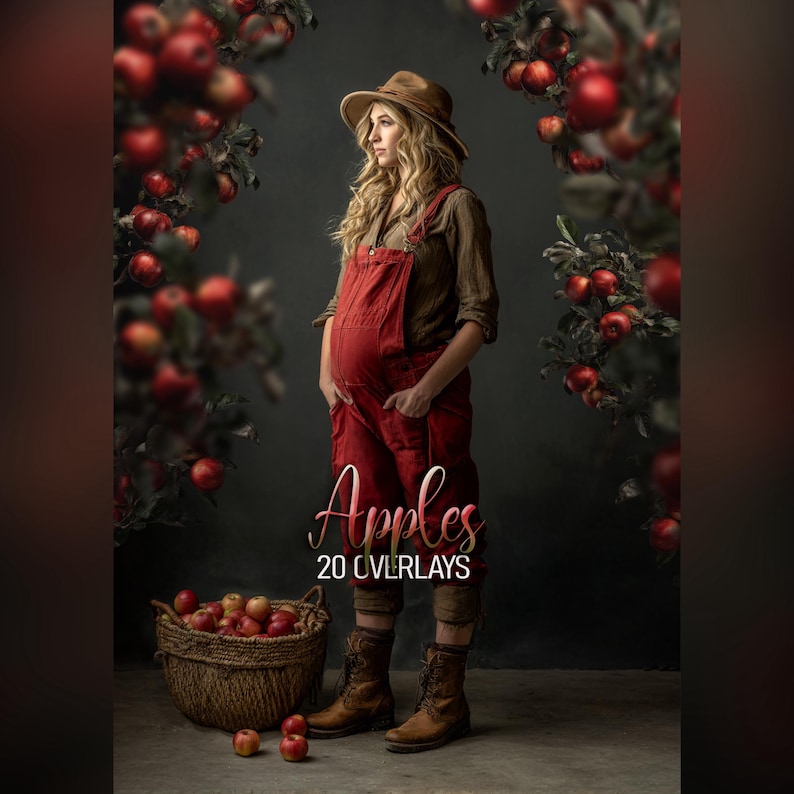 May include: A digital graphic featuring a person wearing a brown hat, a tan shirt, and red overalls with brown lace-up boots. A woven basket filled with red apples sits nearby. The text reads Apples 20 OVERLAYS. Red apple branches frame the scene.