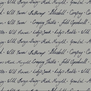 Könnte beinhalten: Ein grauer Stoff mit einem sich wiederholenden Muster handgeschriebener botanischer Namen in dunkelblauer Schrift. Die Namen umfassen "Wild Primrose", "Lady's Smock" und "Bluebell". Der Stoff hat eine Vintage-Ästhetik.
