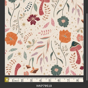 May include: Fabric with a cream background featuring a floral and botanical pattern. The design includes orange poppies, burgundy flowers, teal blooms, and red mushrooms. The fabric also has sprigs, leaves, and small insects. The text "Wildwood Daybreak" is at the bottom.