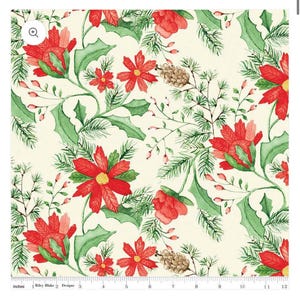 Peut inclure: Tissu crème avec un motif répété de poinsettias rouges, de feuilles de houx vertes, d'aiguilles de pin et de pommes de pin. Le motif comprend de petites baies rouges. Mesures en centimètres.