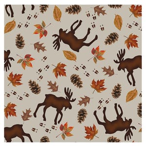 May include: A repeating pattern featuring brown moose silhouettes, pine cones, and colorful autumn leaves in shades of red, orange, and yellow. The design includes animal tracks on a neutral beige background.