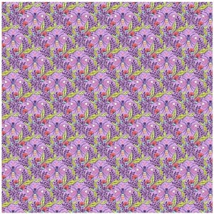 May include: A repeating pattern featuring butterflies, leaves, and flowers in shades of purple, red, yellow, and blue. The design is symmetrical, with each butterfly surrounded by a wreath of leaves and flowers. The background is a light purple.