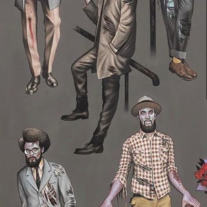 May include: Illustration of several figures in various states of decay, with exposed flesh and tattered clothing. One figure wears a plaid shirt and a hat. The artwork has a vintage tattoo style.