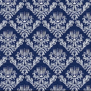 Damask Menorahs en bleu 7202-77 de Love & Light par Victoria Borges pour Studio E Fabrics - coupe 1 mètre