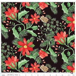 Può includere: Un tessuto con un motivo floreale natalizio. Il design presenta stelle di Natale rosse, foglie di agrifoglio verdi, aghi di pino e pigne su sfondo nero. Il tessuto è largo 30,48 cm.