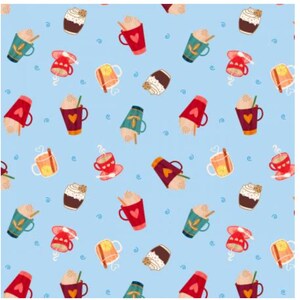 Cozy Drinks on Light Blue 12701 from Hayrides & Happiness by Greta Lynn of Kanvas Studio for Benartex - 1 yard cut