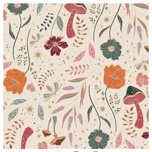 May include: A cream-colored floral pattern with orange, burgundy, and teal flowers, mushrooms, and leaves. The design includes the text "Wildwood in Daybreak" in an elegant script. The color palette also includes a dark teal and orange.