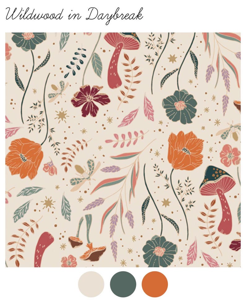 May include: A cream-colored floral pattern with orange, burgundy, and teal flowers, mushrooms, and leaves. The design includes the text "Wildwood in Daybreak" in an elegant script. The color palette also includes a dark teal and orange.
