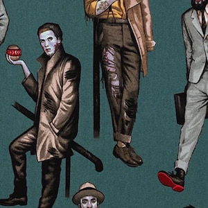 May include: Illustration of several figures in various outfits, each with a zombie-like appearance. The figures are set against a teal background. Some figures hold objects like a burger and a heart.