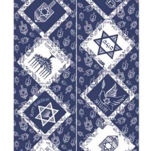 May include: Two blue and white patterned bookmarks. Each bookmark features repeating dreidel and Star of David patterns. White diamond shapes contain images of menorahs, doves, and text including "Happy Hanukkah" and "Shalom".