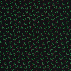 May include: Black fabric featuring a repeating pattern of green holly leaves and red berries. The design is evenly distributed, creating a festive, seasonal look. Suitable for Christmas crafts and decorations.