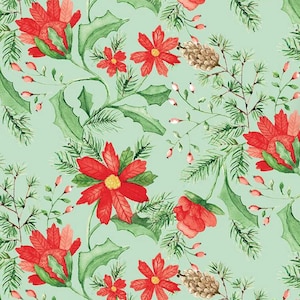 Può includere: Motivo di tessuto con un design ripetuto di stelle di Natale rosse, foglie di agrifoglio verdi e aghi di pino su sfondo verde chiaro. Il design include piccole bacche rosse e pigne marroni, creando un tema festivo e natalizio.