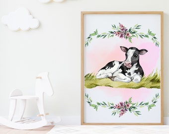 Blush Calf – Acuarela Bebé Granja Animal Vaca Nursery Print, Arte mural imprimible, Regalo de baby shower, Decoración de la habitación del niño pequeño, Guardería de niñas