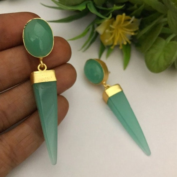 Art Deco Collection Green Onyx Earrings, Vermeil Yellow Gold Over Sterling Silver Earrings, Fancy Dangle Earrings, Post Stud Earrings