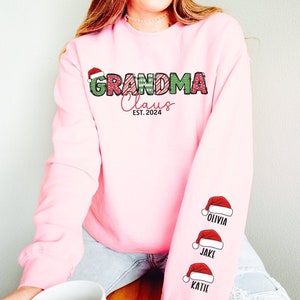 Custom Grandma Claus Christmas Sweatshirt with Grandkid Names Personalized Gigi Christmas Sweatshirt Nana Christmas Gift Mimi Est Sweatshirt