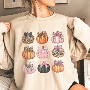 May include: A beige sweatshirt with a graphic print of nine pumpkins with bows. The pumpkins are in various colors, including orange, pink, and black. Some of the bows are leopard print.